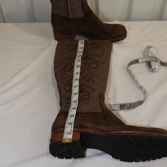 UGG Womens Ryder Tall Boots Embroidered Top Suede Sheepskin Size 9 Dark Brown - Picture 6 of 10